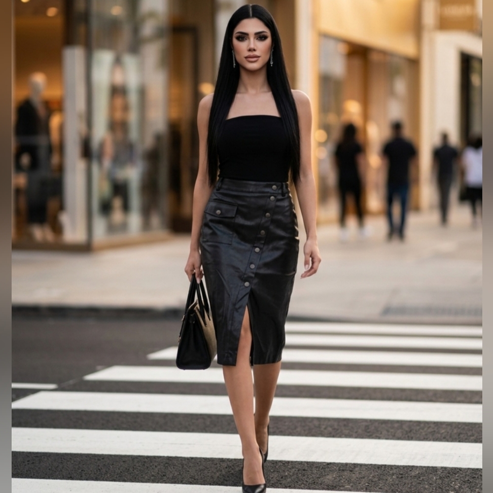 COP Copine Black Pencil Midi Skirt with Front Slit Design & Side Pocket Size 36